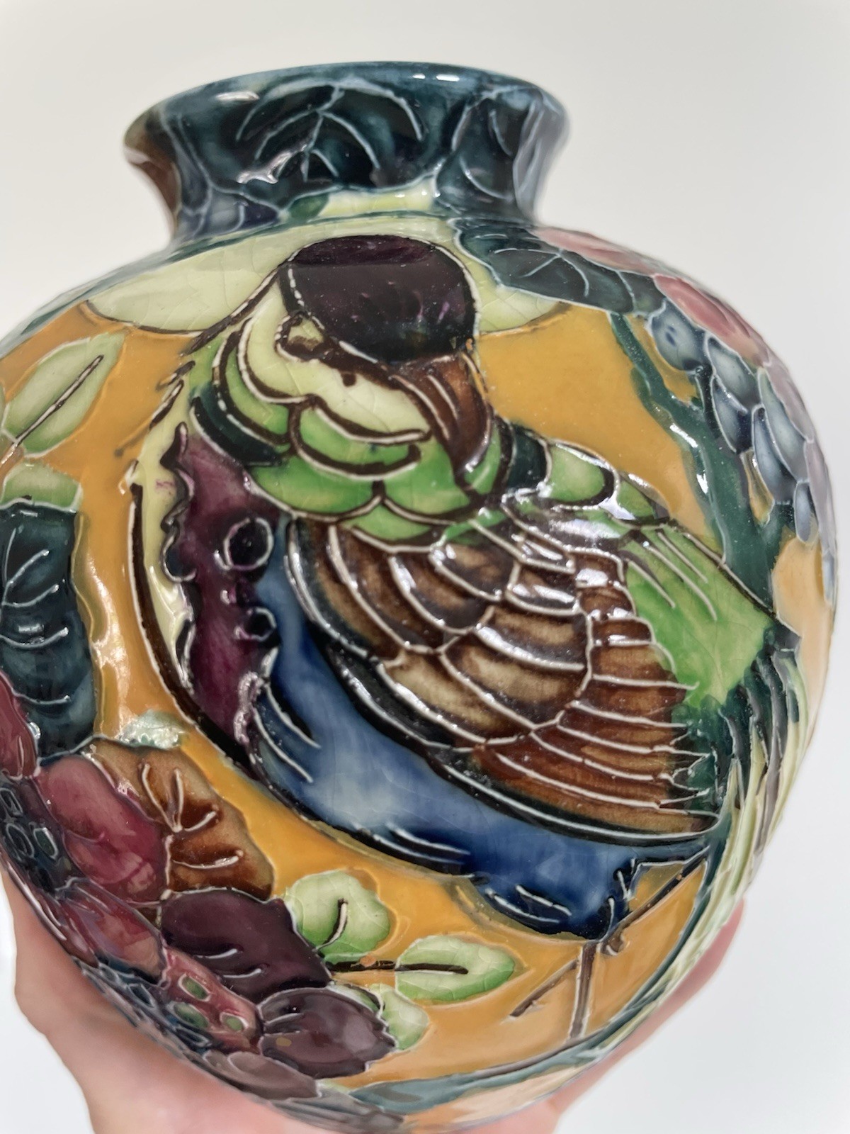 Roger Dean Trogon Vase England Antique Art Deco Bird Of Paradise Signed *chip*