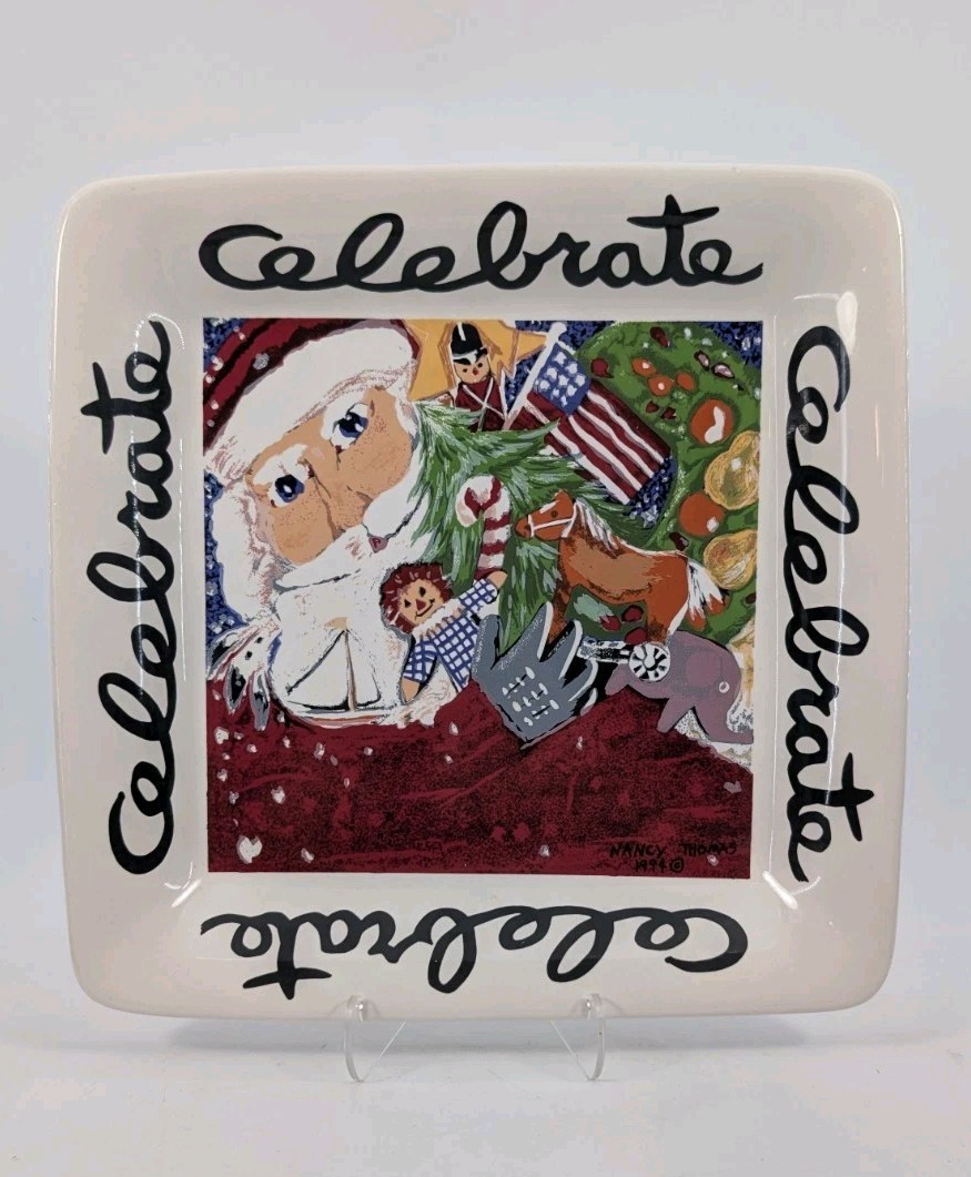 Vintage 1994 Nancy Thomas CELEBRATE 11.5″ Square Platter Plate Folk Art Signed