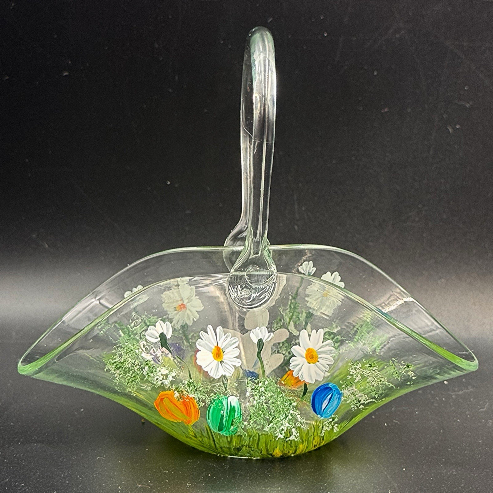 Vintage Hand Painted Signed Art Glass Easter Mini Basket Bunny Flowers Signed