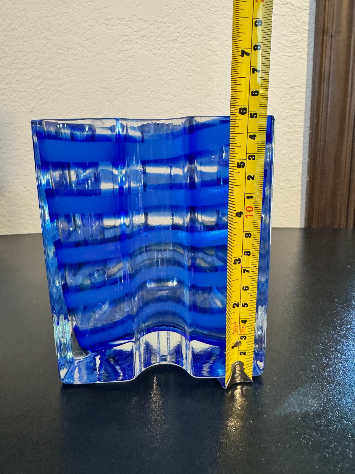 4.8lb Murano Style Cobalt Blue & Clear Art Glass Vase Thick Layered Modern Heavy