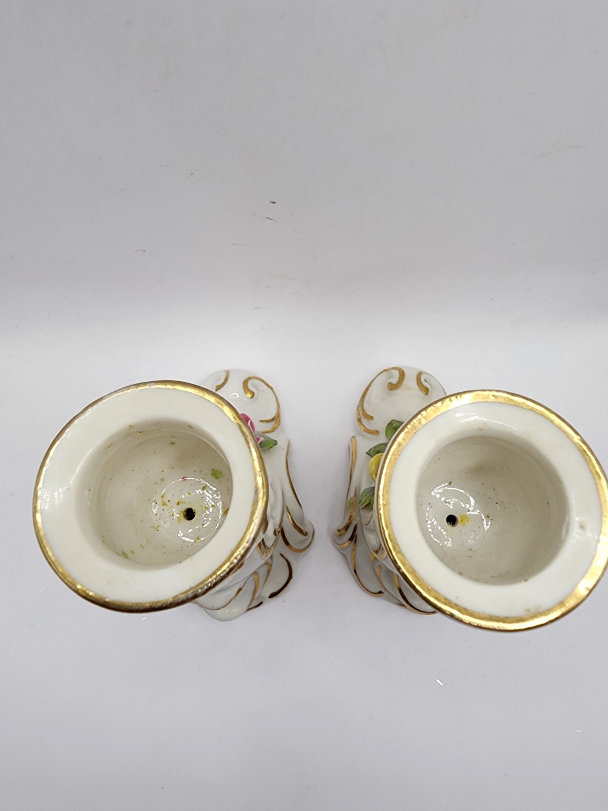 Vtg Pair of Dresden Germany Candlestick Candle Holder Pink Yellow Rose Gold Trim