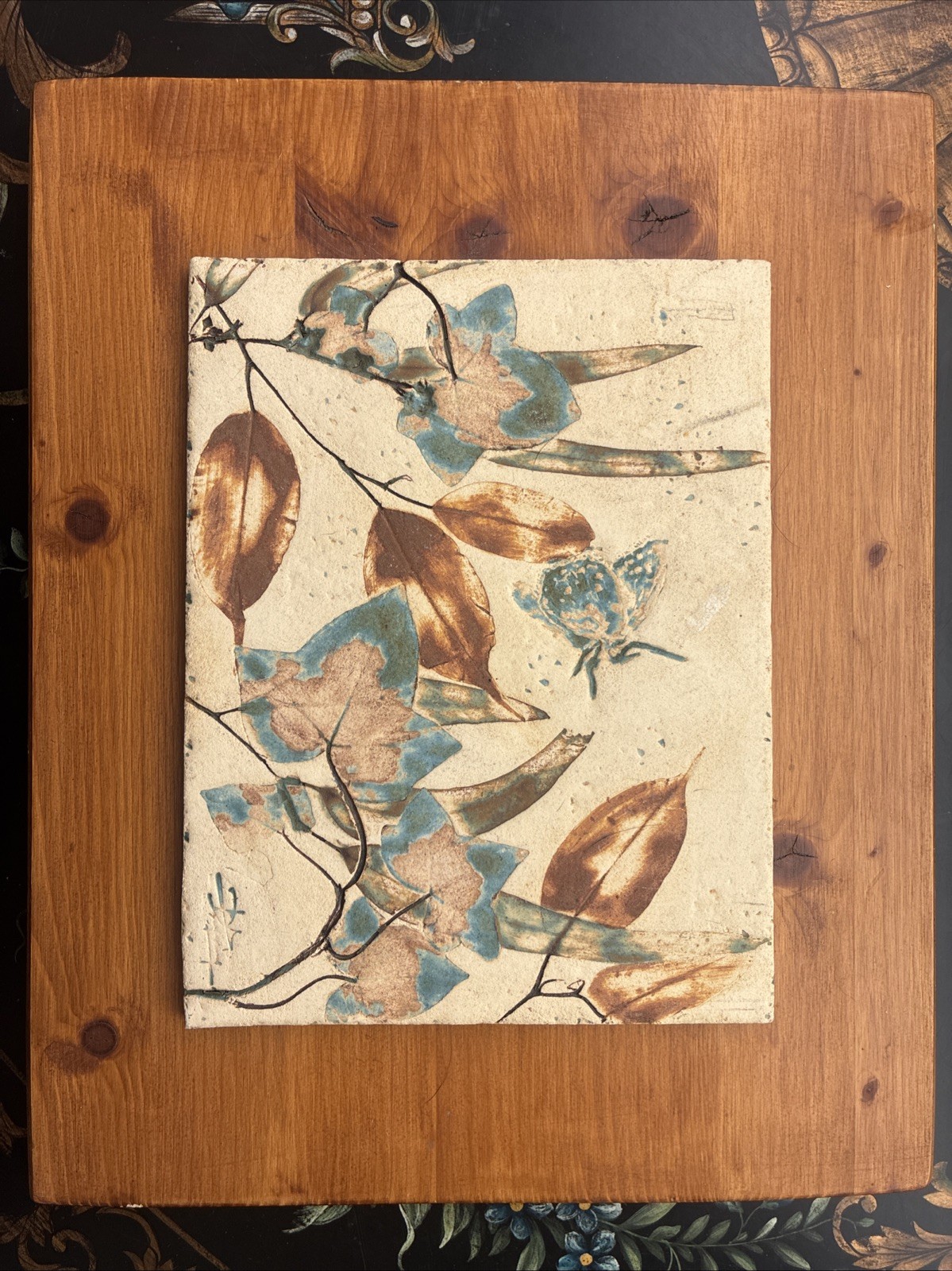 Vintage Mid Century Studio Pottery Botanical Tile Wall Plaque Signed Handmade
