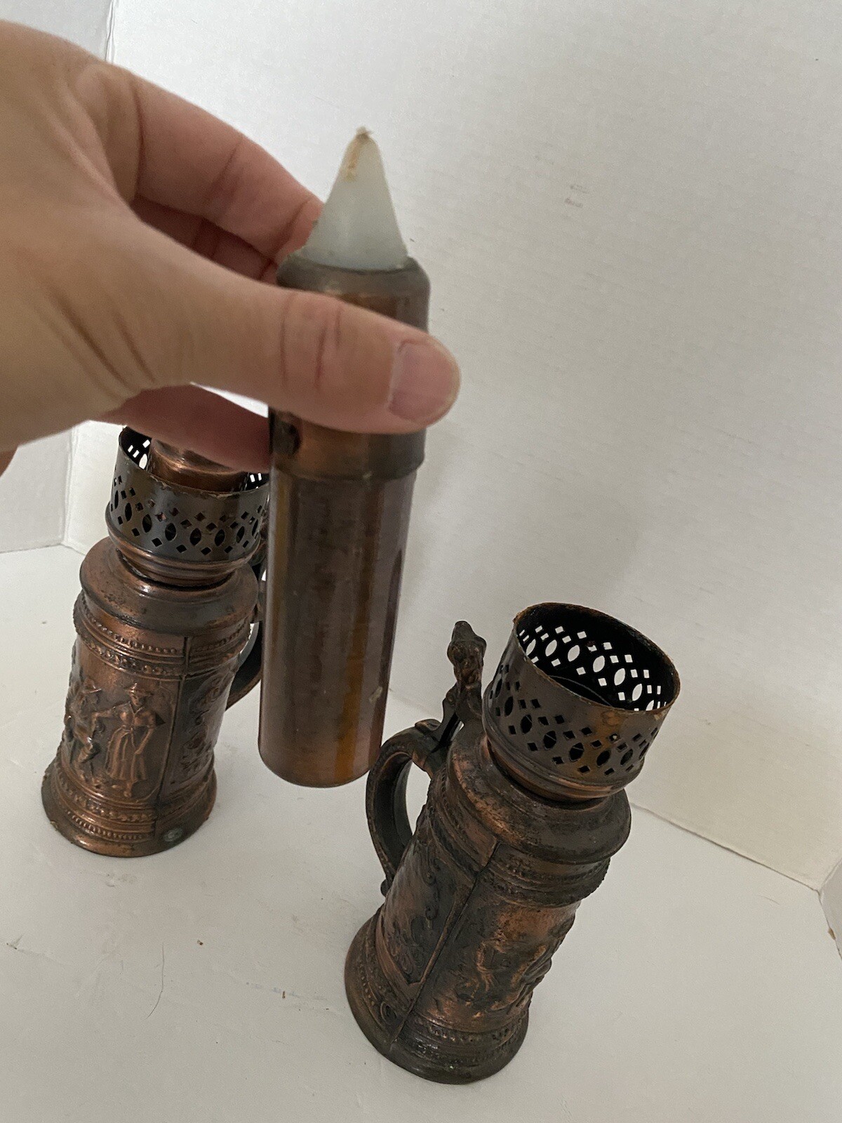 Vintage Amber Glass Candle Stick Holders Pair Copper Rustic Brown RARE