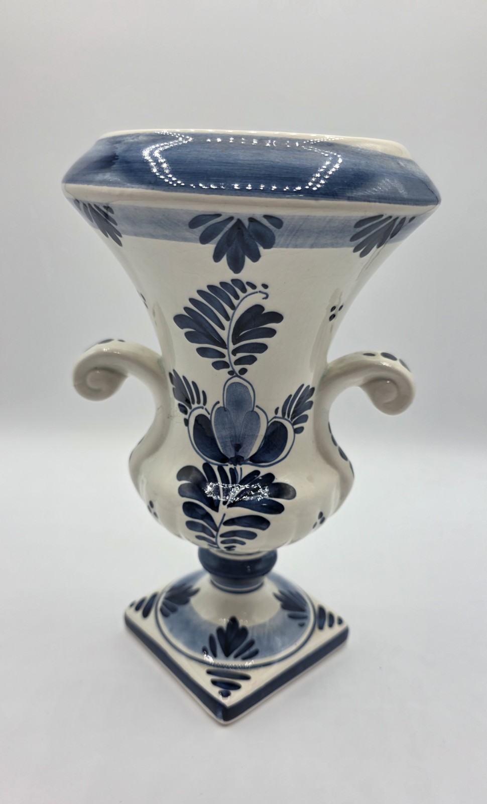 Vintage Dutch Delft Floral Urn or Vase 8.5″ H Hand painted Blue & White