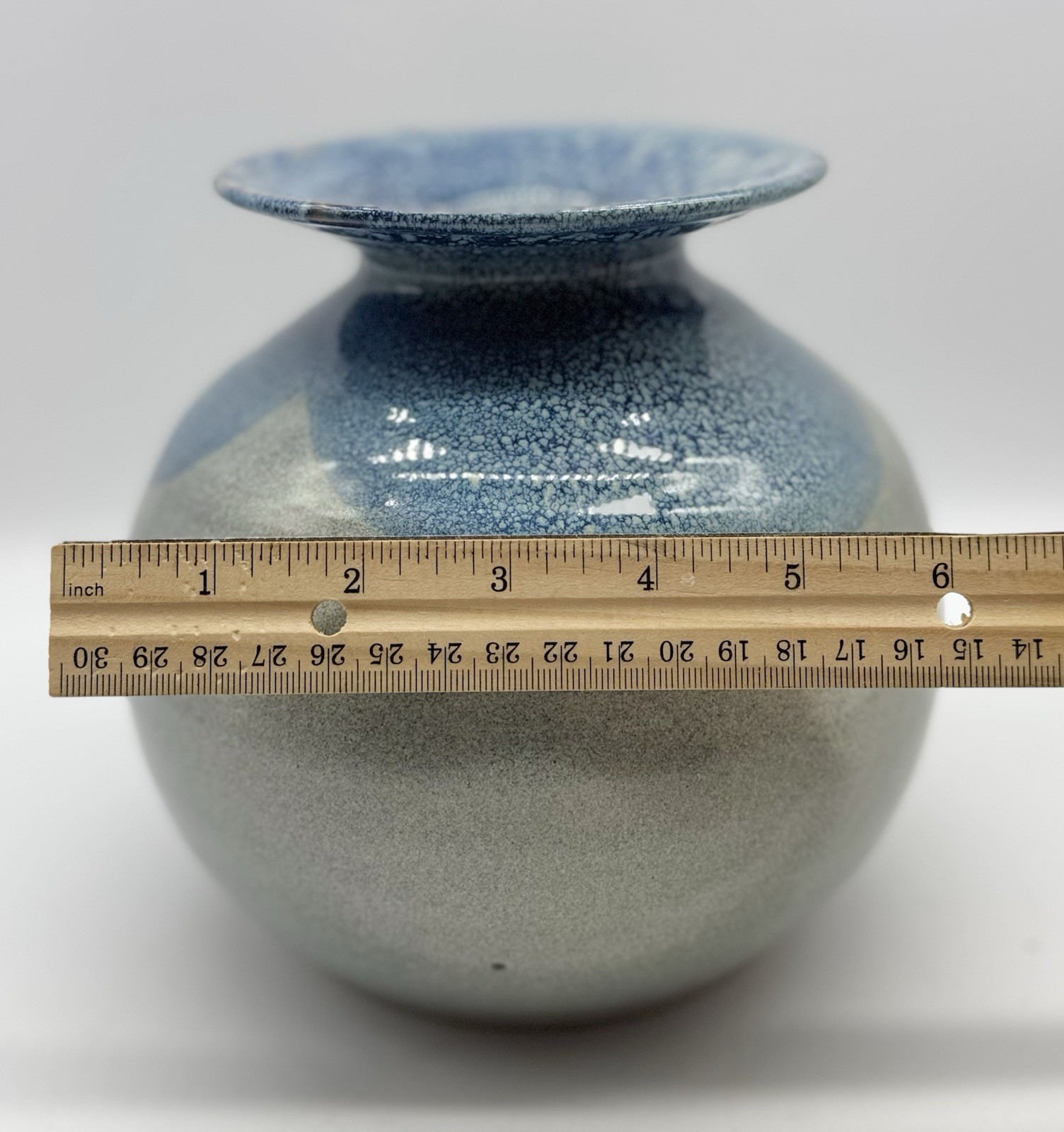 Blue & White Studio Pottery Vase, Round with wide brim signed, Coastal decor