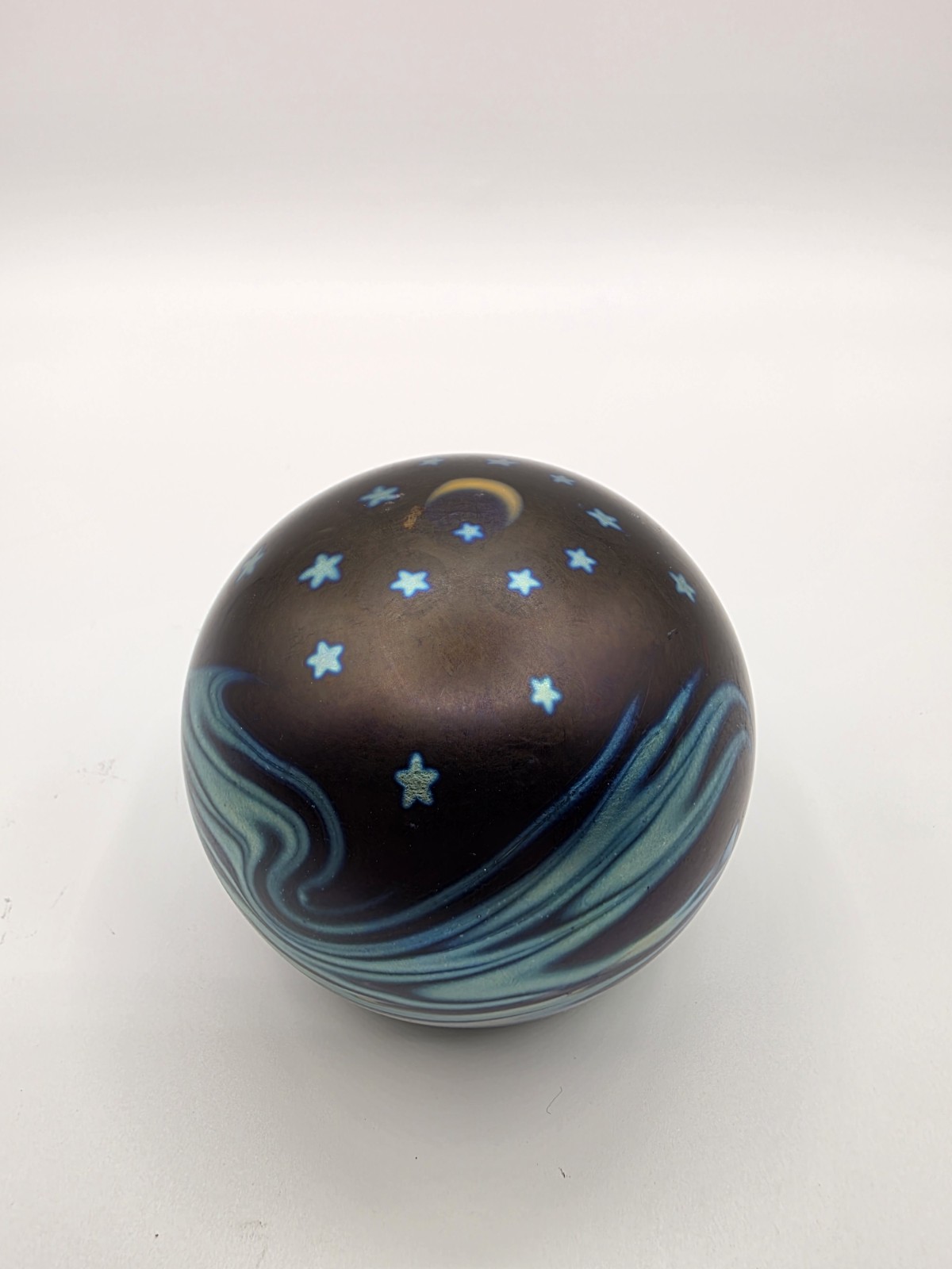 1987 Lundberg Studios Starry Night Moon & Waves Glass Paperweight