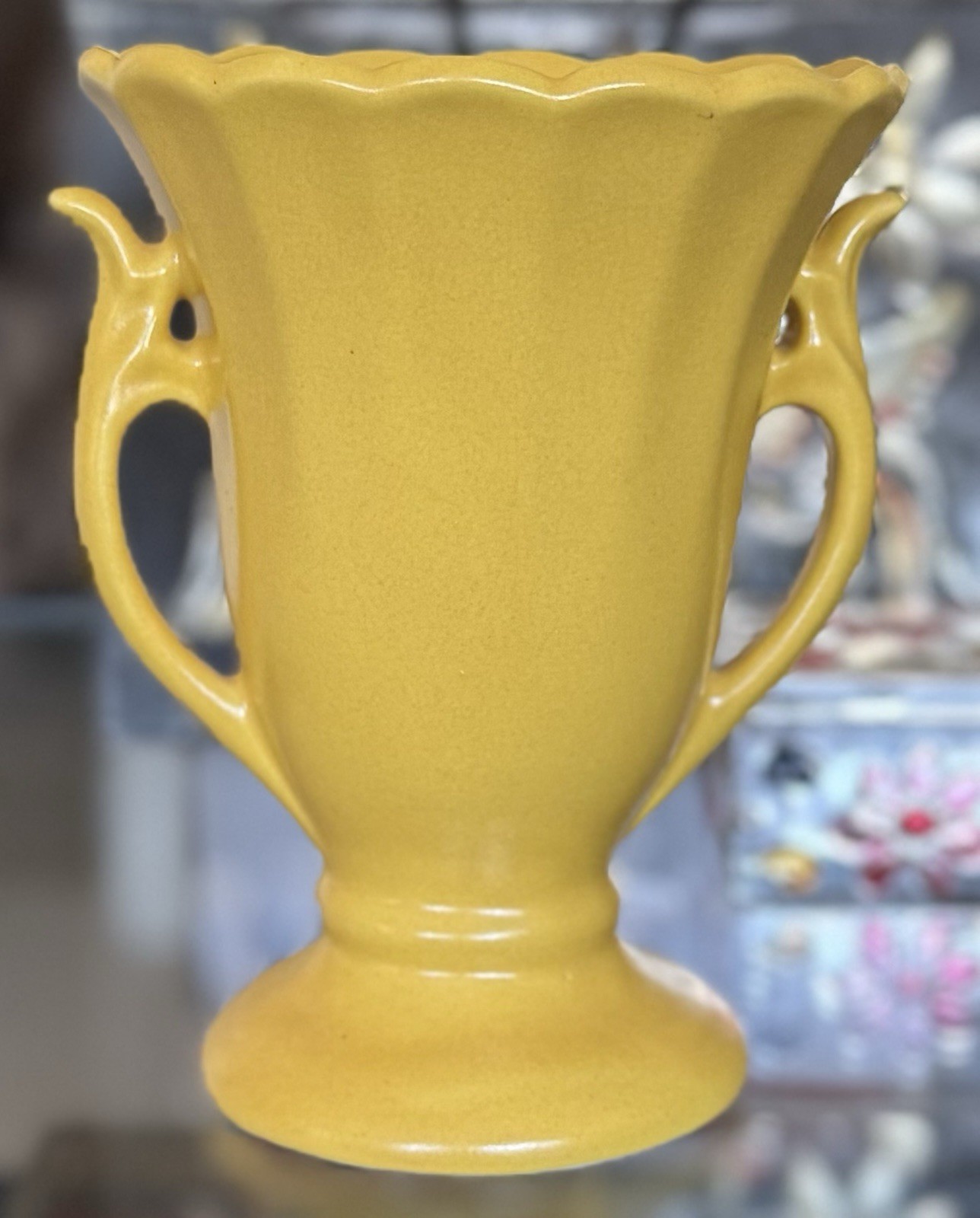 Vintage Daffodil Yellow Ceramic Pottery Trophy Shaped Vase w/ Handles