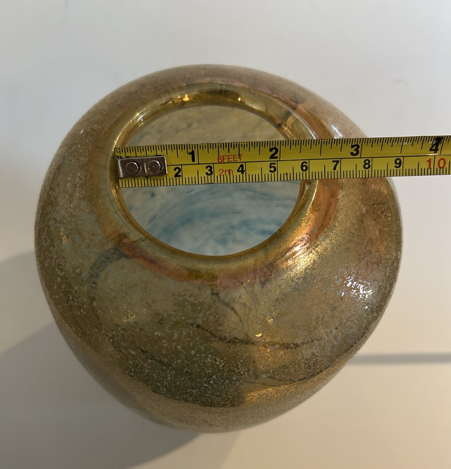 Iridescent Art Glass Vase Handmade Vintage Gold, Turquoise 7.5”x2.5” Opening