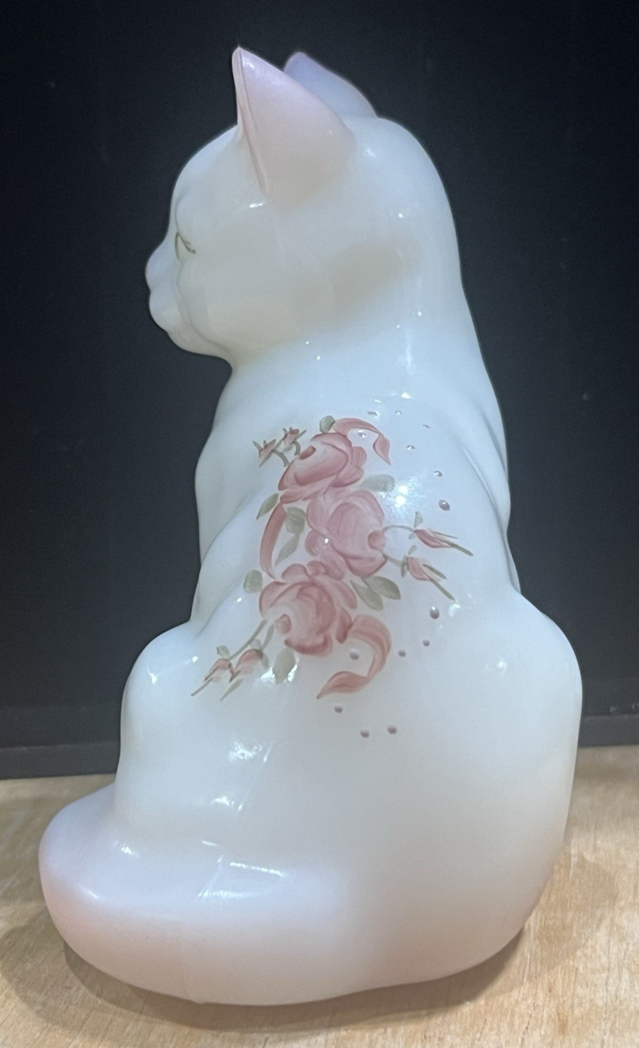 Vintage Fenton Cat Peralescent Milk Pink Rose Signed Handpainted Sticker U.S.A.