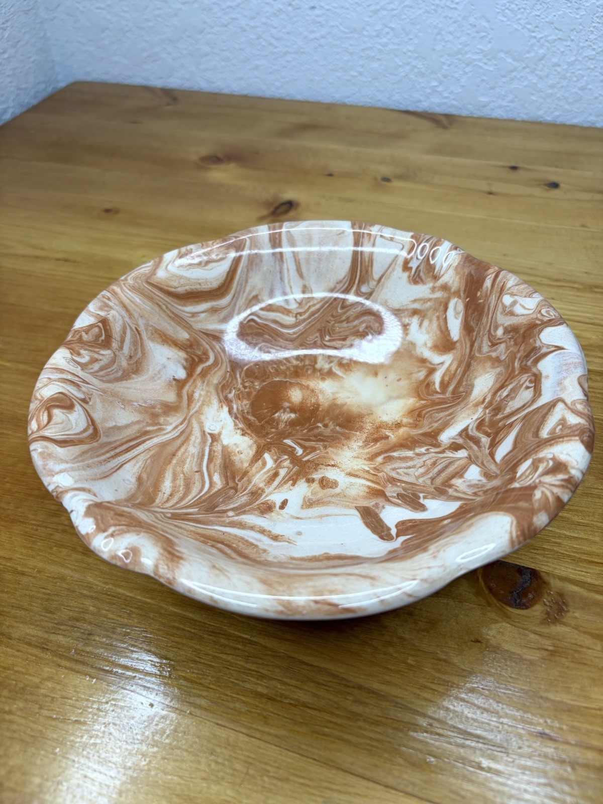 Vintage 1975 Alaskan Native Clay Pottery Bowl Ceramic Marble Cream and Brown