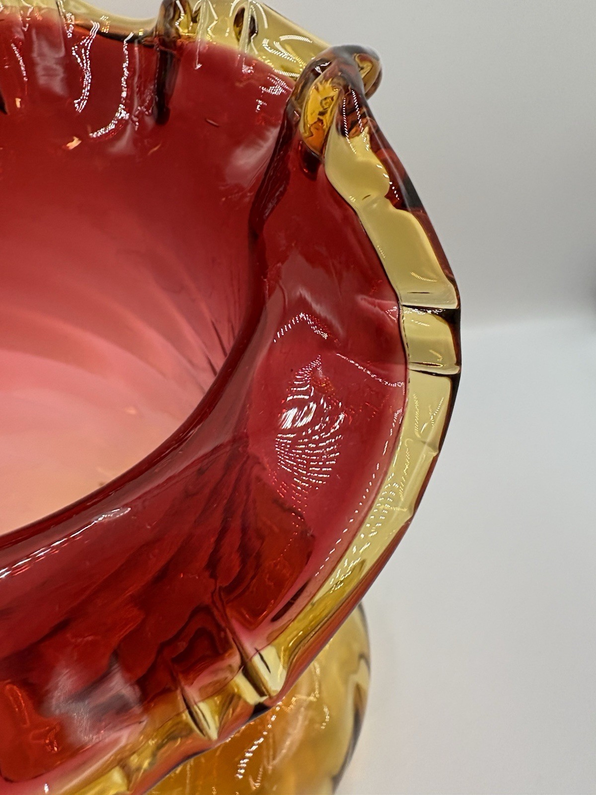 Antique Victorian Amberina Art Glass Vase 10 3/4” Ruffle Edge w/ Swirl Base