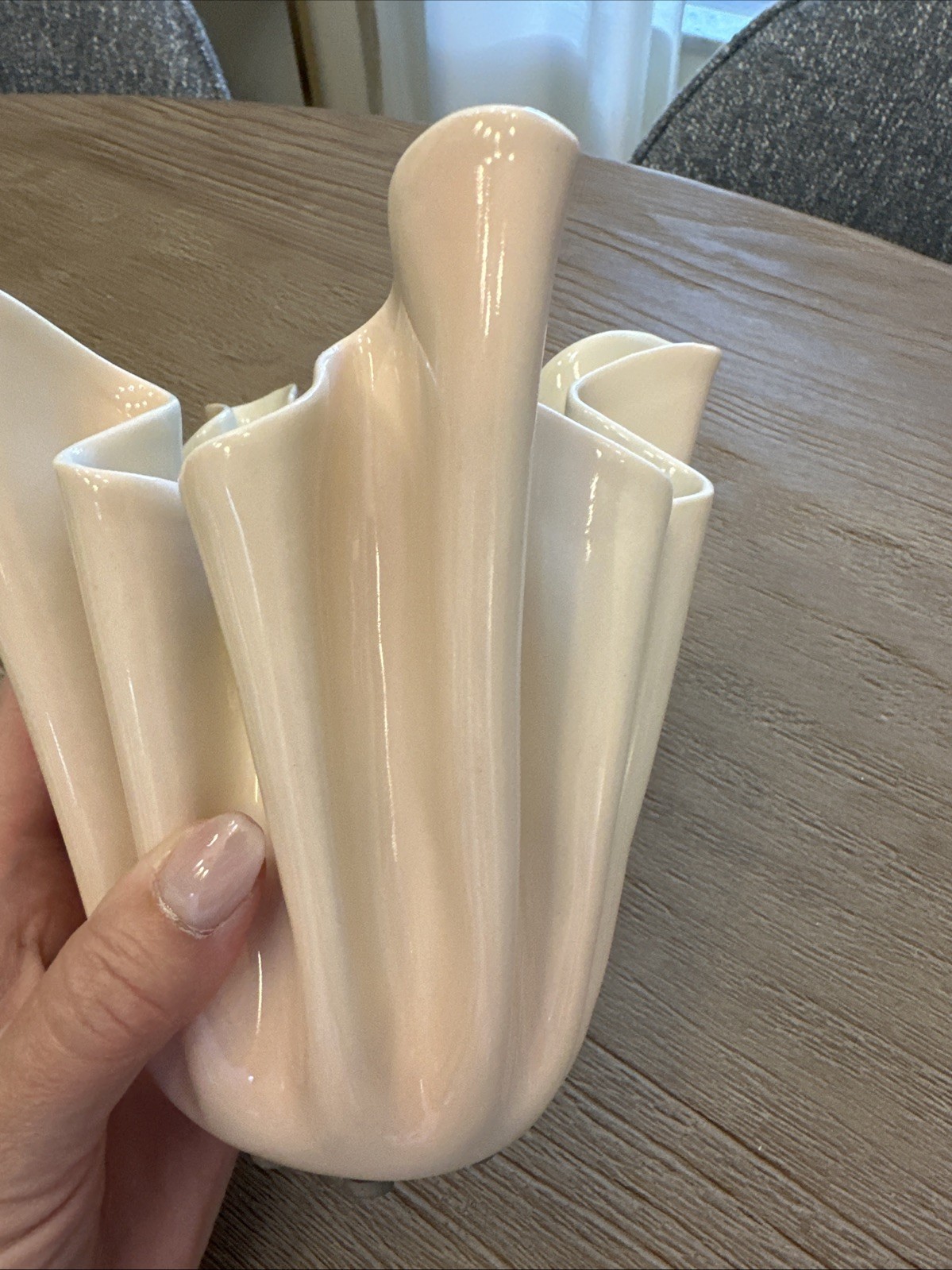 1980s Art Pottery 6 Inch Pink & Ivory Handkerchief Vase Signed Carol Barclay
