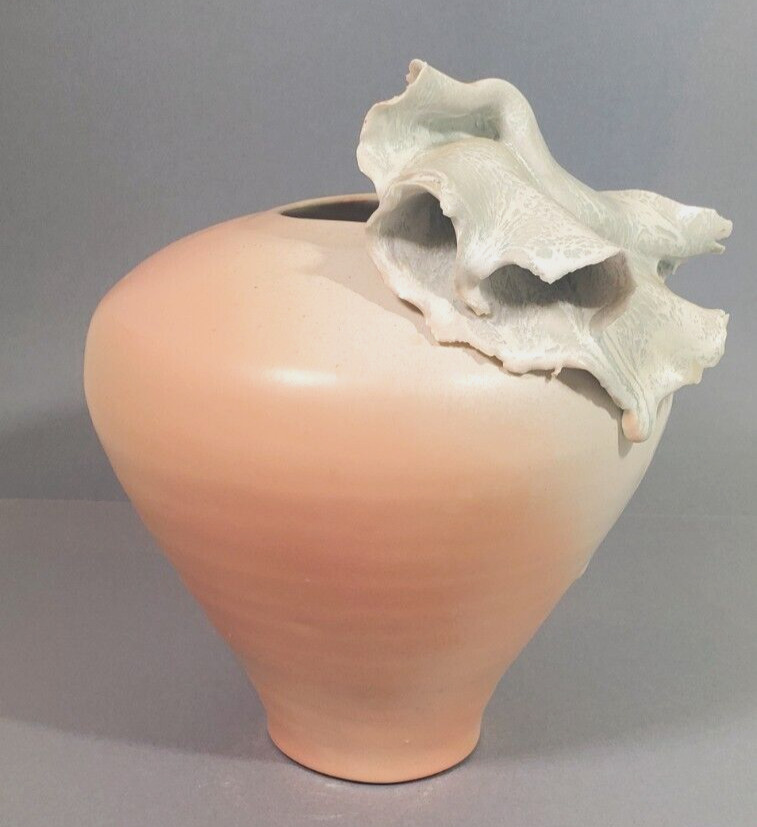 Studio Art Pottery Contemporary Vase Peach Ombre Glaze White Abstract Signed