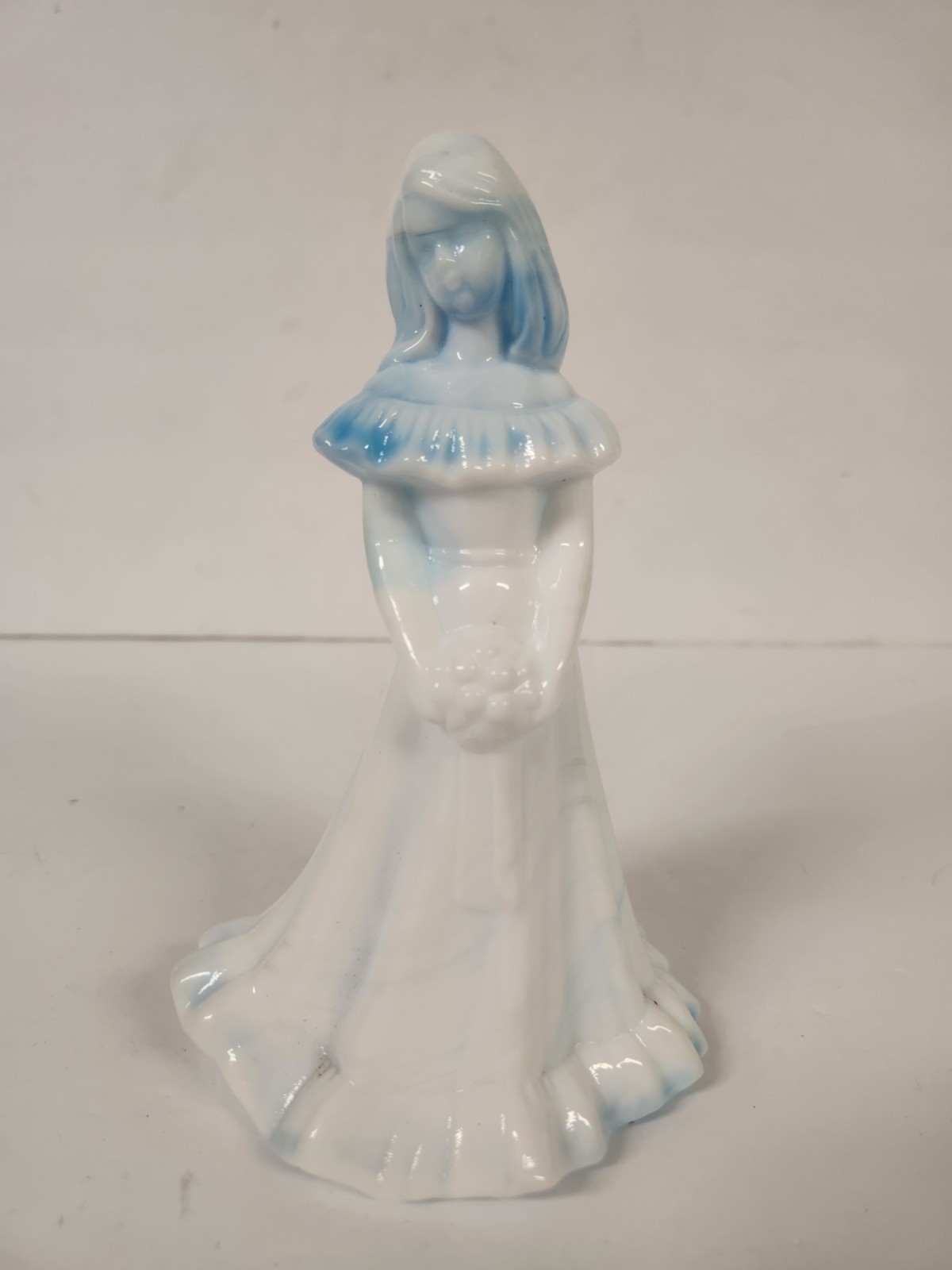 Fenton Bridesmaid Figurine Blue Slag White Glass Holding Bouquet Elegant