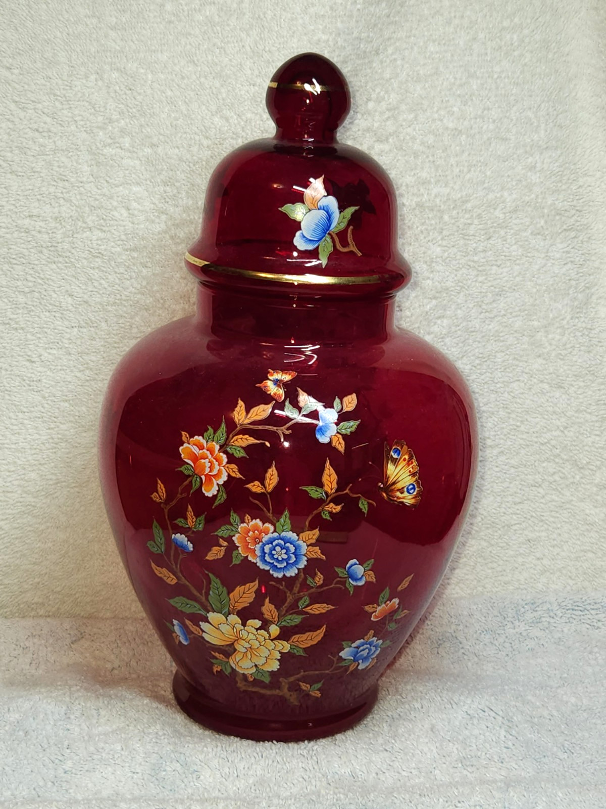 Vintage Norleans Ruby Red Glass Ginger Jar Flower Butterflies 11″ Tall