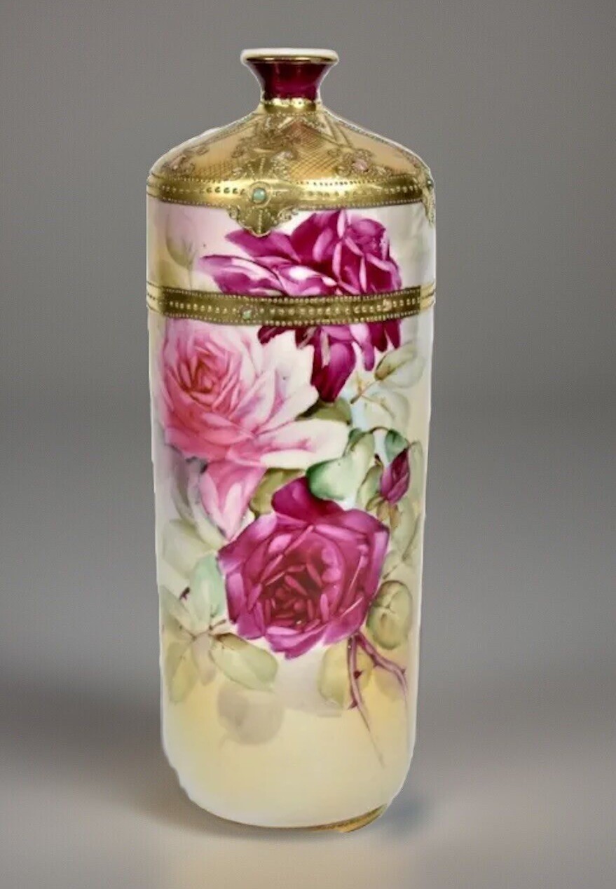 Antique Nippon Vase Jeweled Gold Cabbage Roses Bottle Shape 10.5” RARE SHAPE