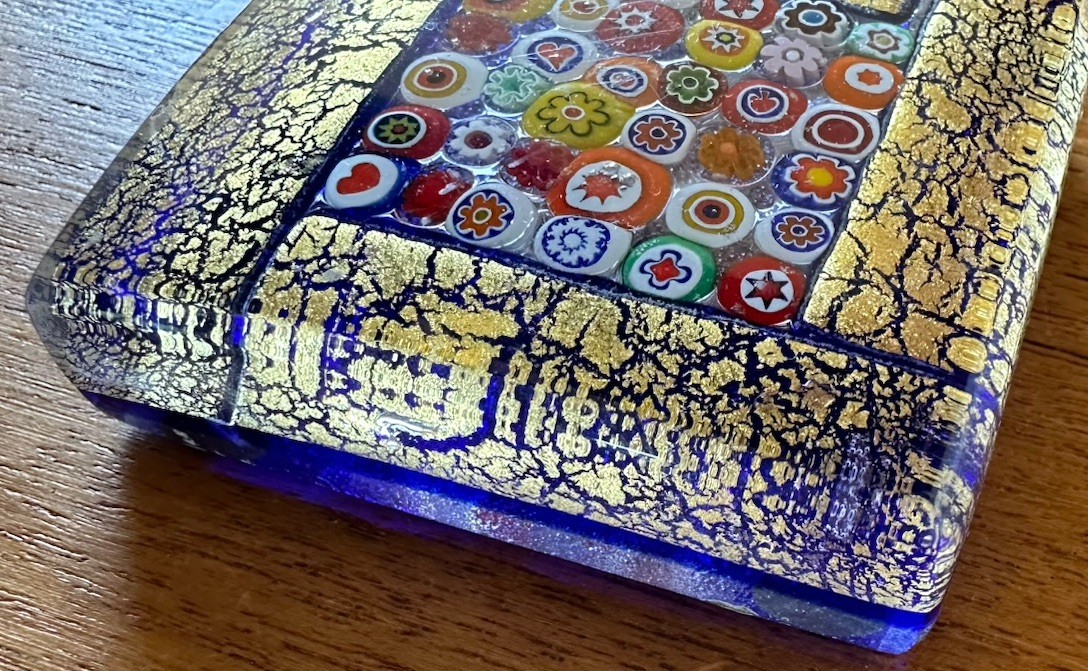 SQUARE MILLEFIORI GOLD FOIL MURANO ITALY ART GLASS PAPERWEIGHT