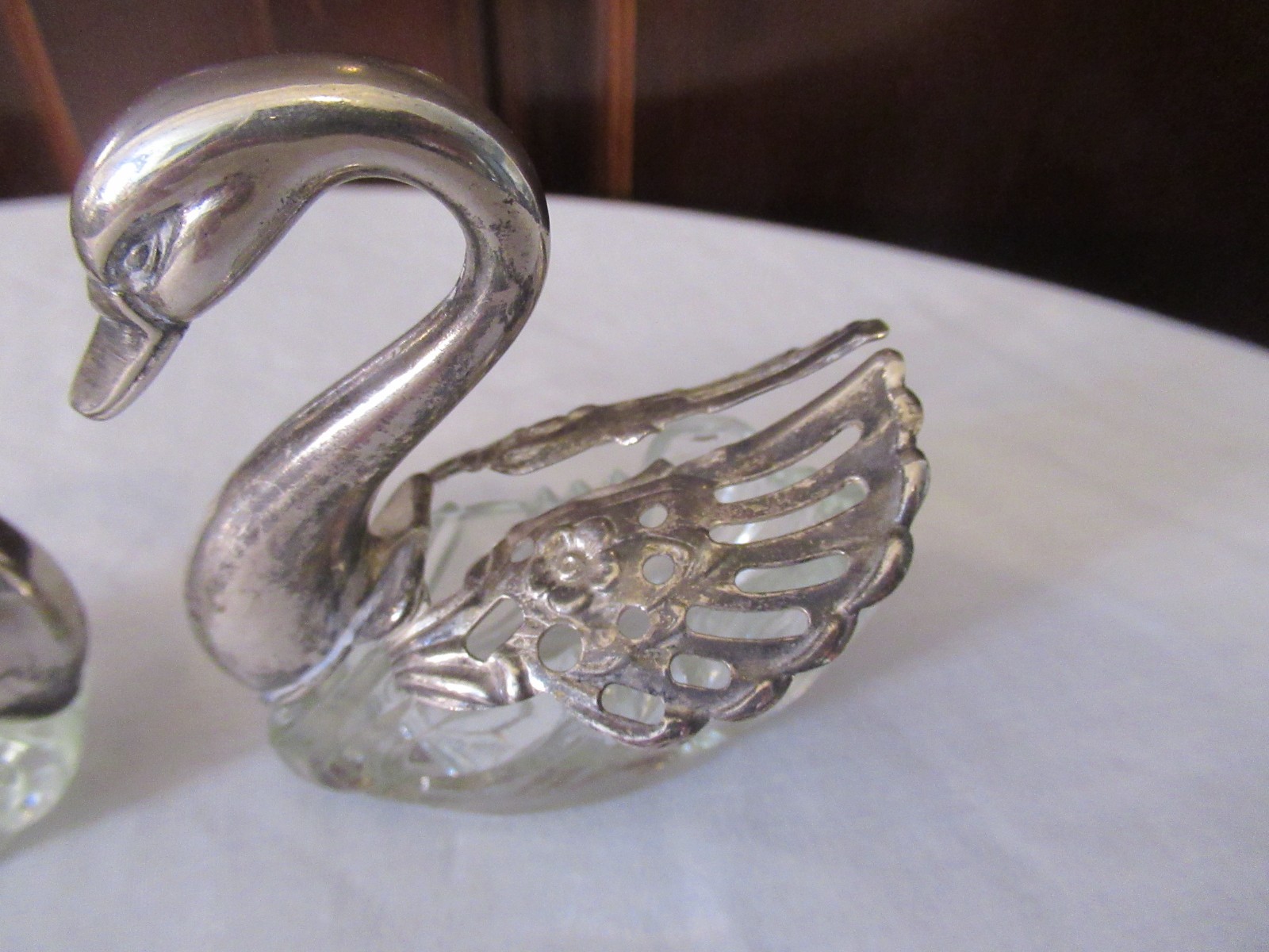 Vintage HONG KONG Silver & Glass Swan SALT & PEPPER HOLDER SET