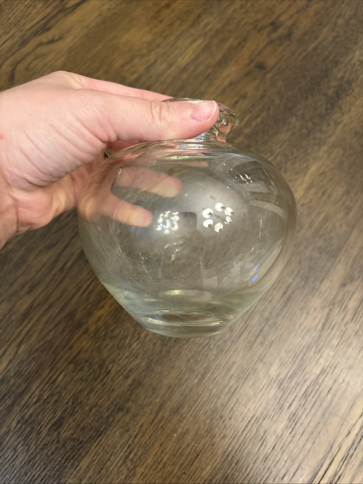 Vintage Mouth Blown Clear Glass Potbelly Bud Vase Bulbous Thick Rim 5″H 5″W
