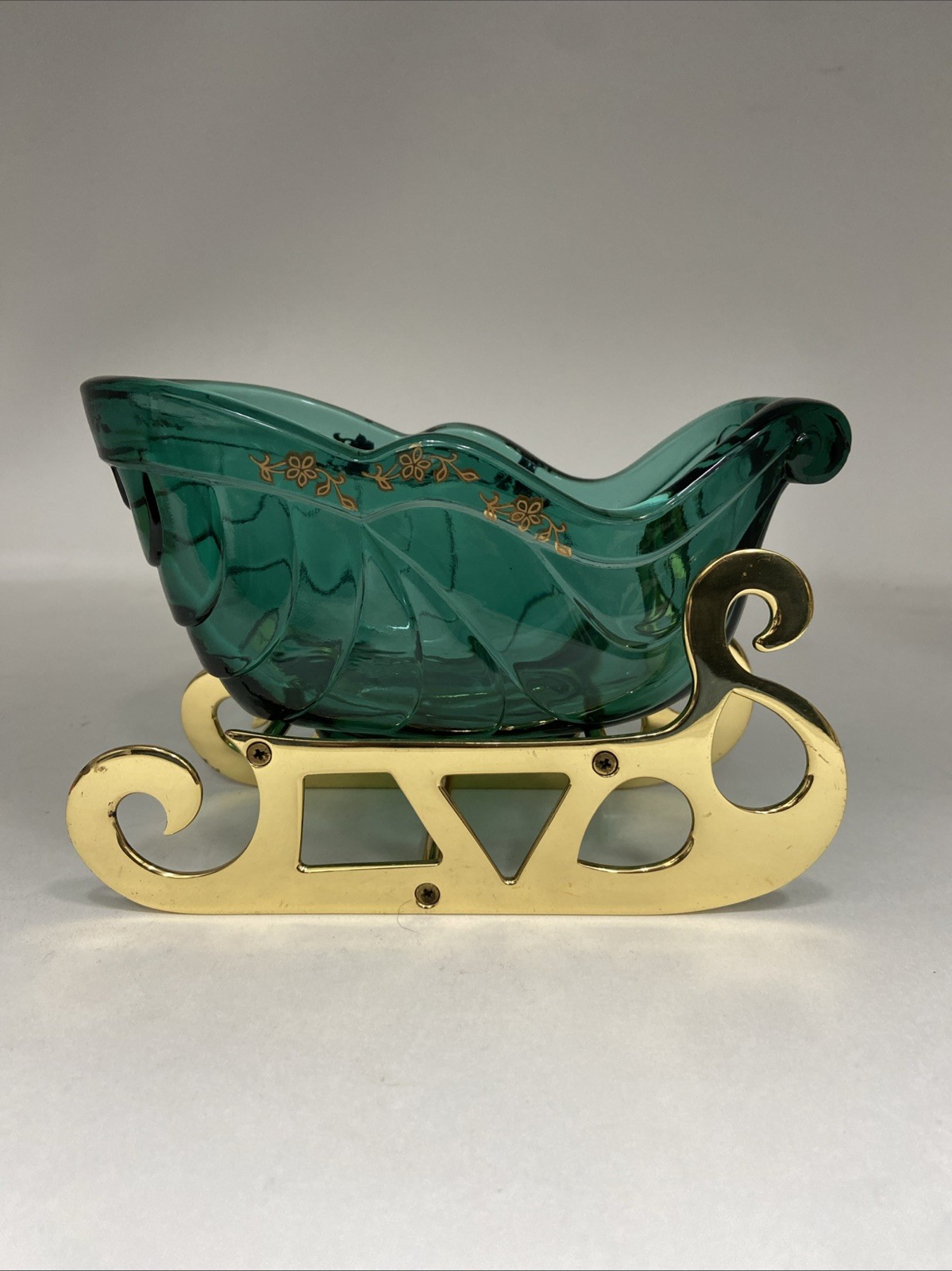 Fenton Glass Sleigh W/ Brass Runners/Base Xmas Decor Christmas Candy Dish Gold