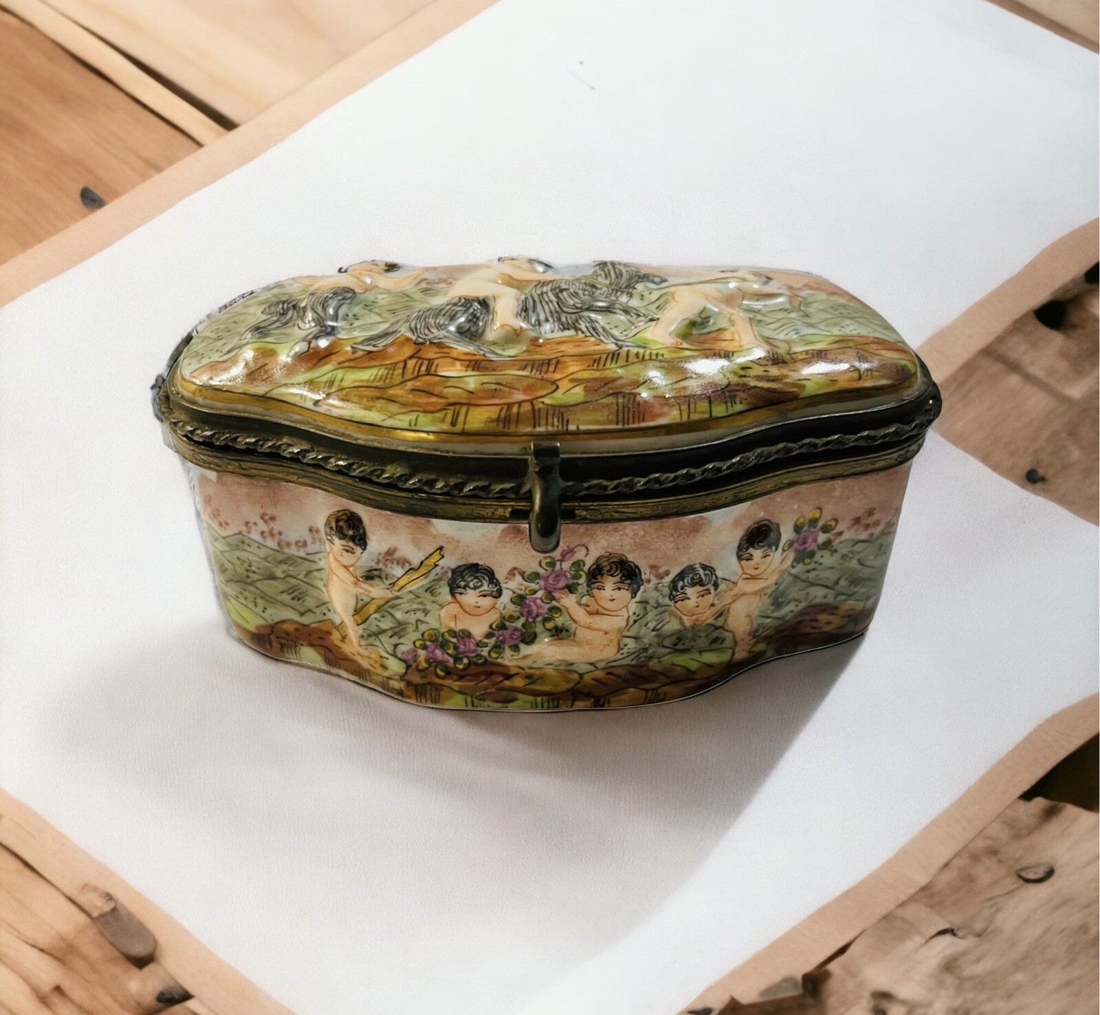 Vintage Capodimonte Italian Porcelain Hand Painted Box With Brass Hinges