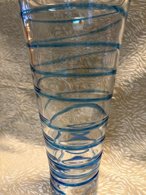 Blenko Art Glass Vase Hand Made Clear Glass With Sapphire Blue Spiral 11″ Tall