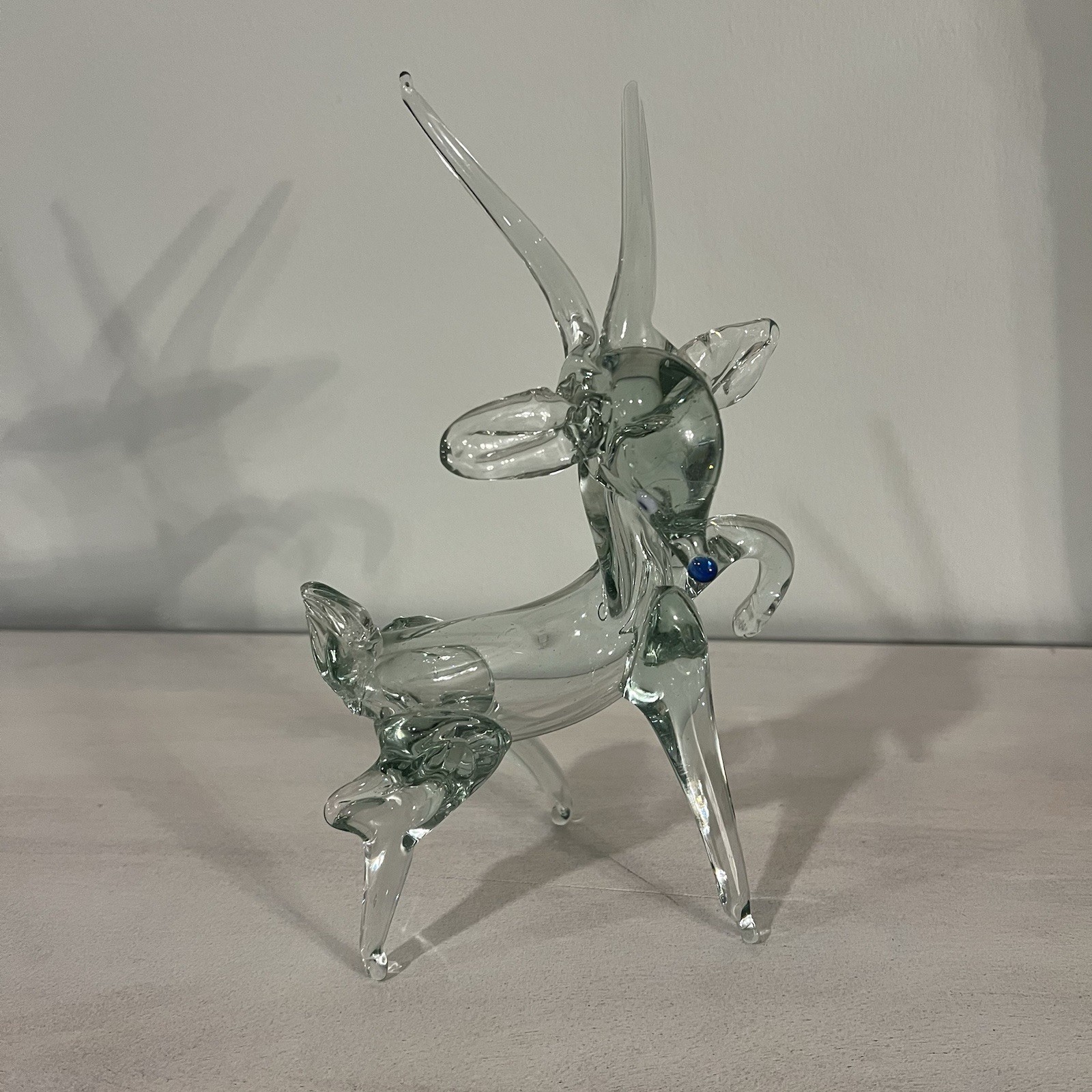 Vintage Hand Blown Glass Reindeer With Blue Nose And Eyes Unique Art Glass