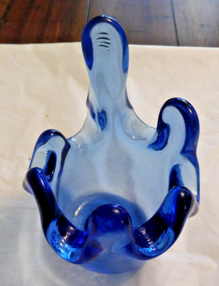 2 Signed Fire & Light Cobalt Blue Splash Votive Candle Holders Recycled Glass