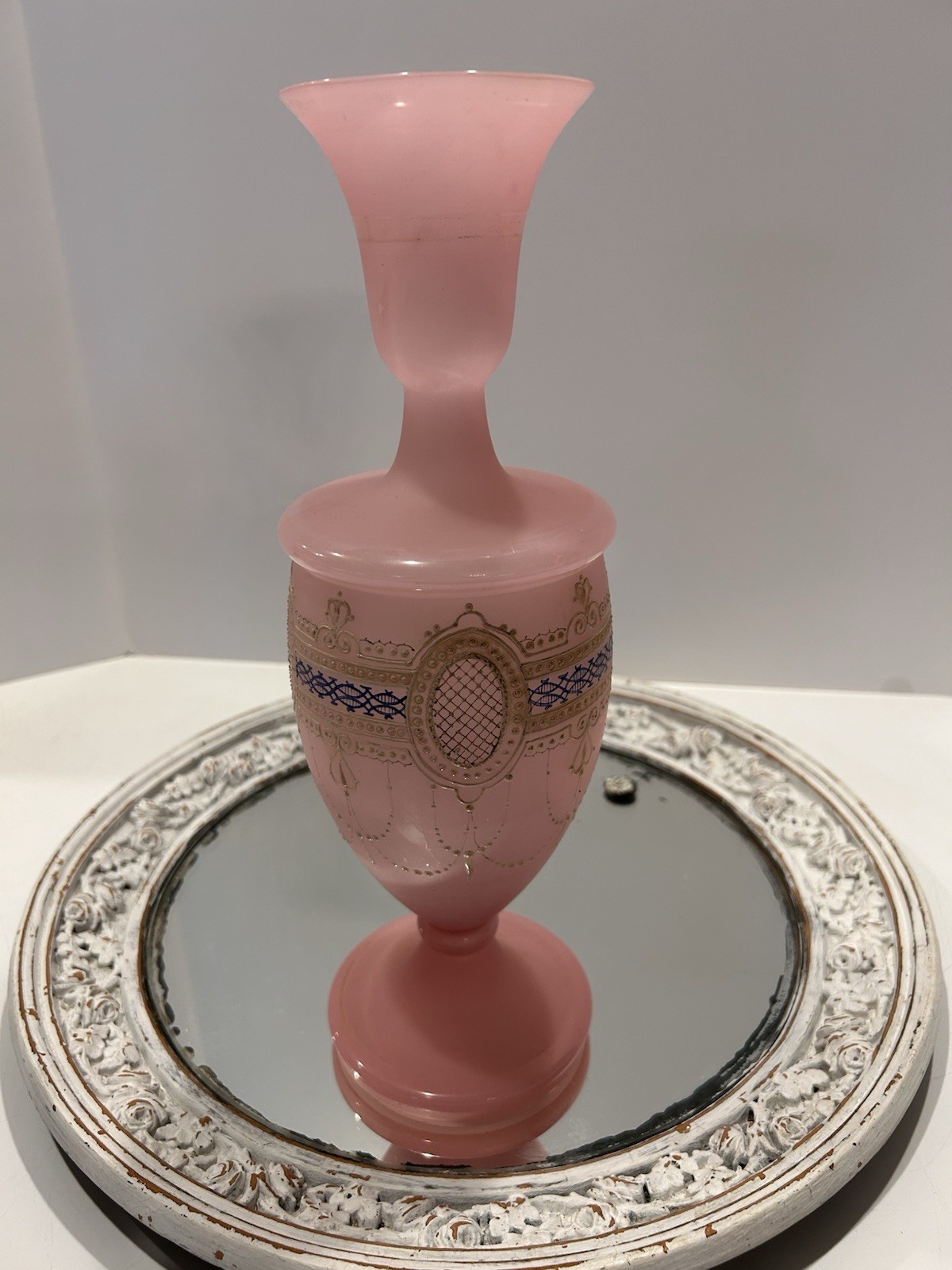 Antique Opaline Pink Glass Vase Satin Victorian French 13” Gold Gilt Enamel
