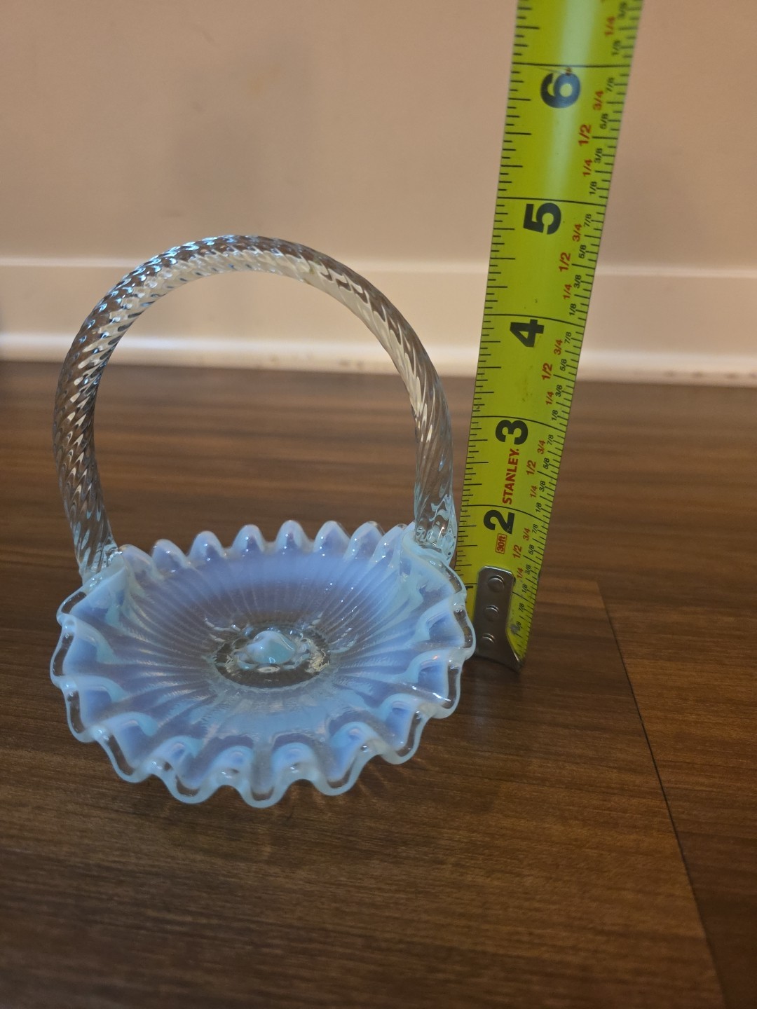 Vintage Fenton Hobnail Opalescent Vulcan Pattern Basket Bluish-White Glow
