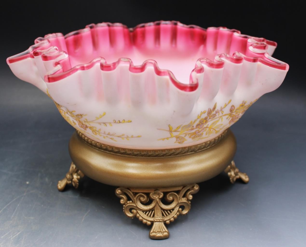 19C Victorian Cased Pink & White Enamel Glass Brides Basket Bowl Centerpiece