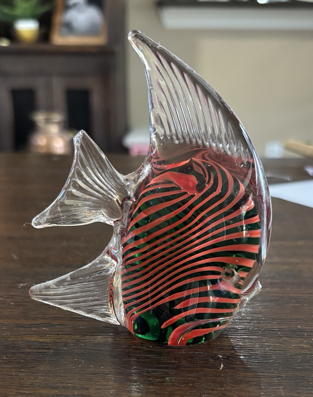 Art Glass Angel Fish Green and Orange Stripe Ribbon Design Paperweight