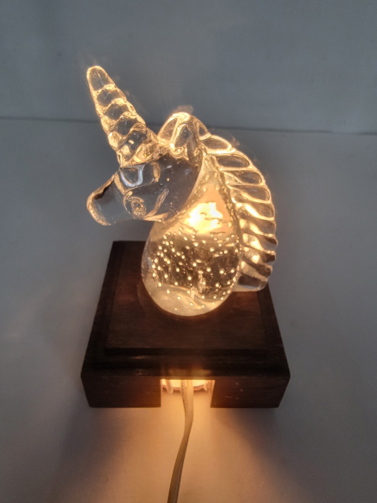 Vintage Lighted Glass Unicorn Bust w/Wood Base Suspended Bubbles Paperweight