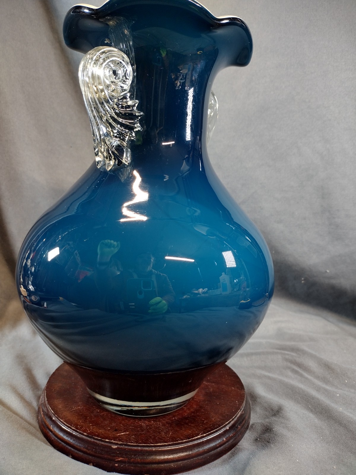Vintage Teal Blue Blown Art Glass Vase Gold Foil Ruffled Rim Scrolled Handles
