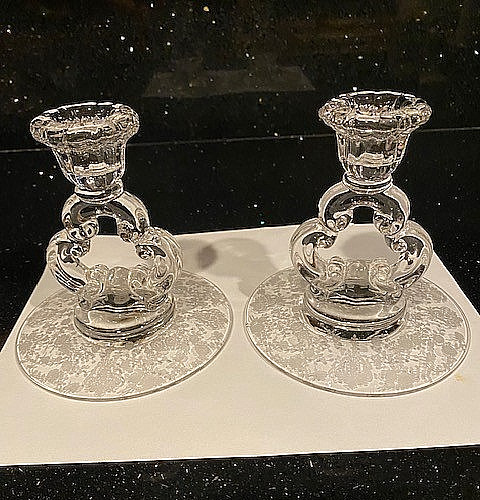 Vintage Pair Candleholders Etched Cambridge Rose Point Keyhole Single Light