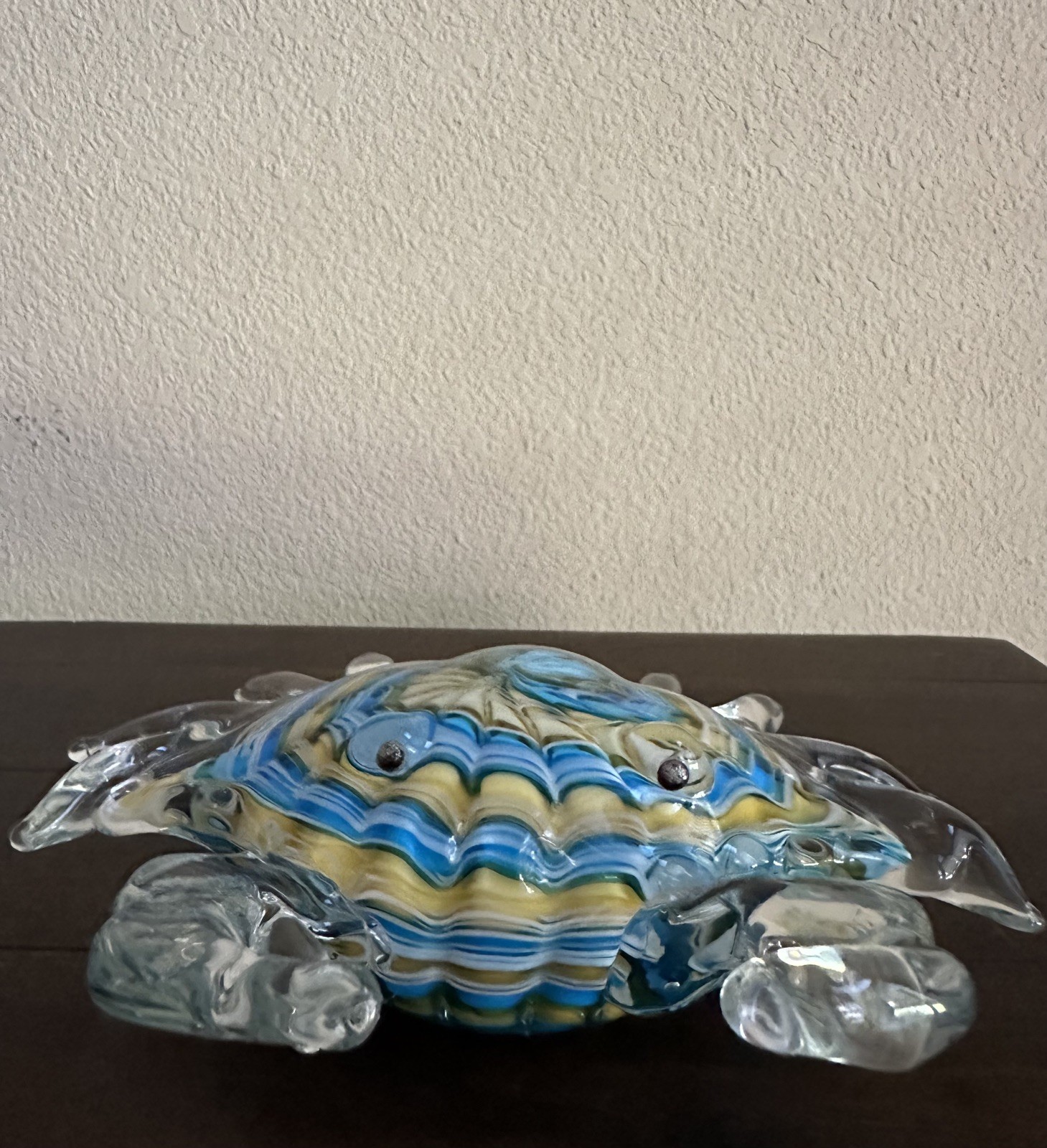 Hand Blown Glass Crab Figurine/Ocean/Beach/Sea Decor-Blue/Yellow/White-7”