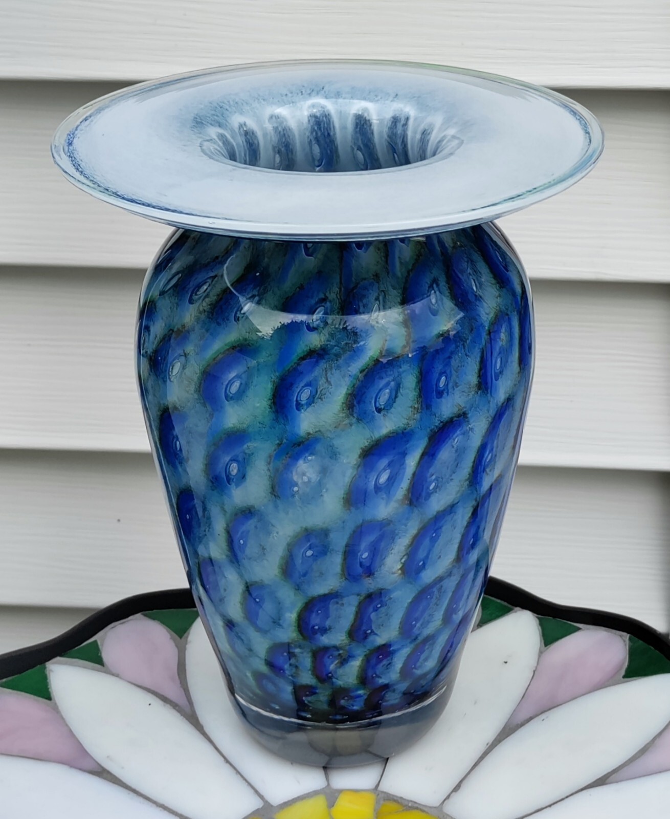 Vintage Heavy Blue Peacock Eye w/Bubbles Flat Top Vase 8.5″ Tall