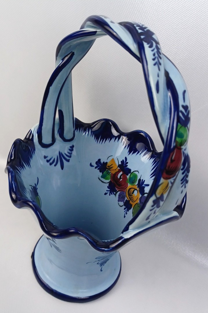 Vintage Portugal Handpainted Floral Handled Ceramic Basket Home decor