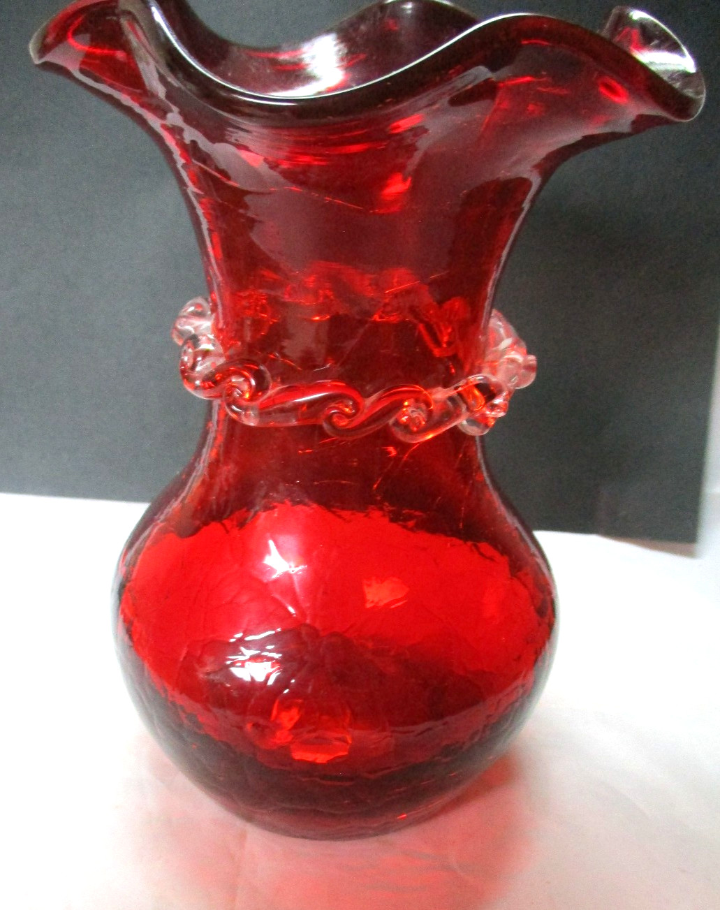 Kanawha Ruby Red Crackle Glass Vase with Applied Rigaree Scroll Decor w-sticker