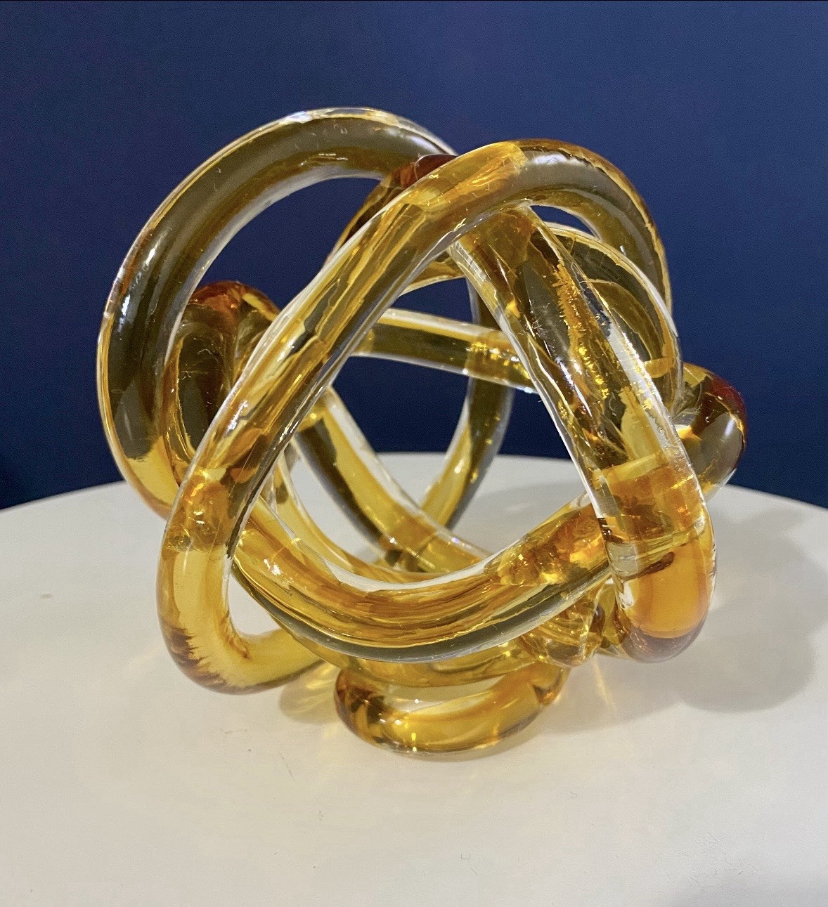 Handblown Amber Art Glass Infinity Love Knot Sculpture Paperweight 5.5″, 1.5lbs