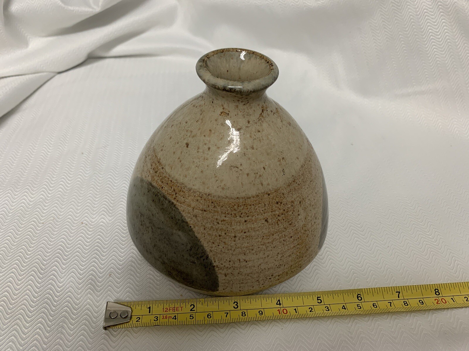 CLAY POTTERY VASE TAN BEIGE GRAY HANDMADE FARMHOUSE SIGNED