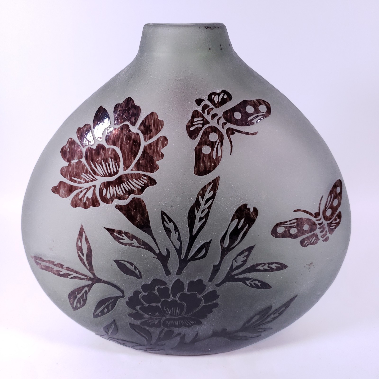 CAMEO Acid Etched Amethyst Purple Floral Butterfly Frosted GLASS VASE