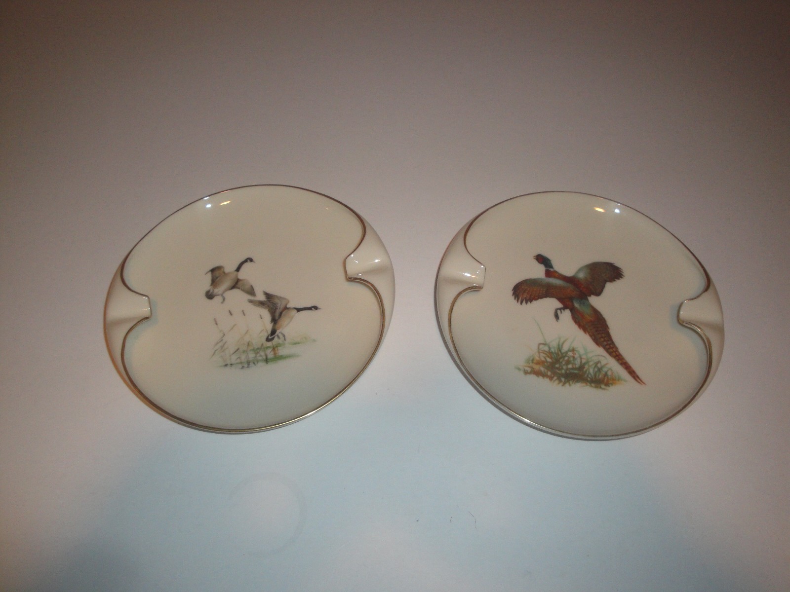 2 Vintage Lenox Pheasant And Geese Ashtrays 24k Gilded Rim NICE!