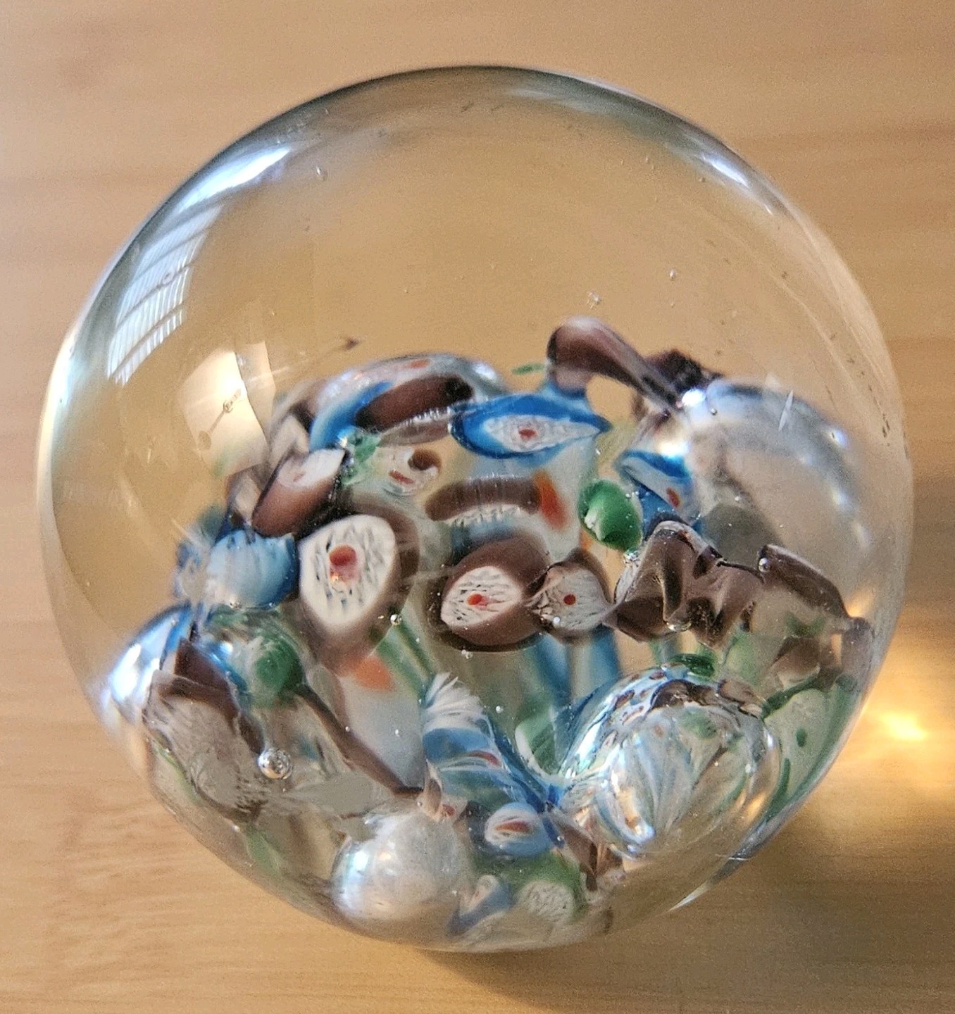 Art Glass Floral Paperweight Clear Glass Millefiori Style Blue Green Flowers 3”