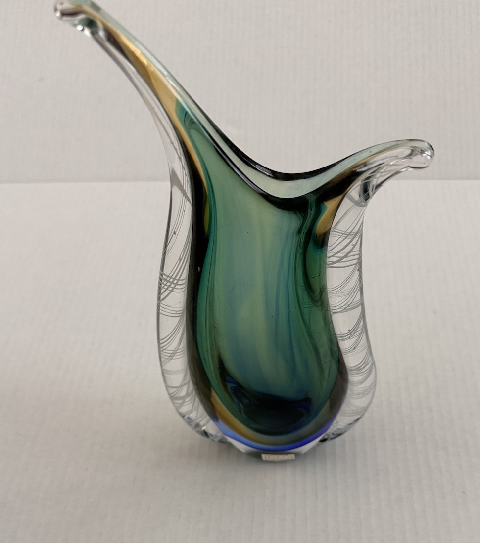 Art Glass Fifth Avenue Tear Drop Crystal Murano Sommerso Latticino Vase 10 1/4″