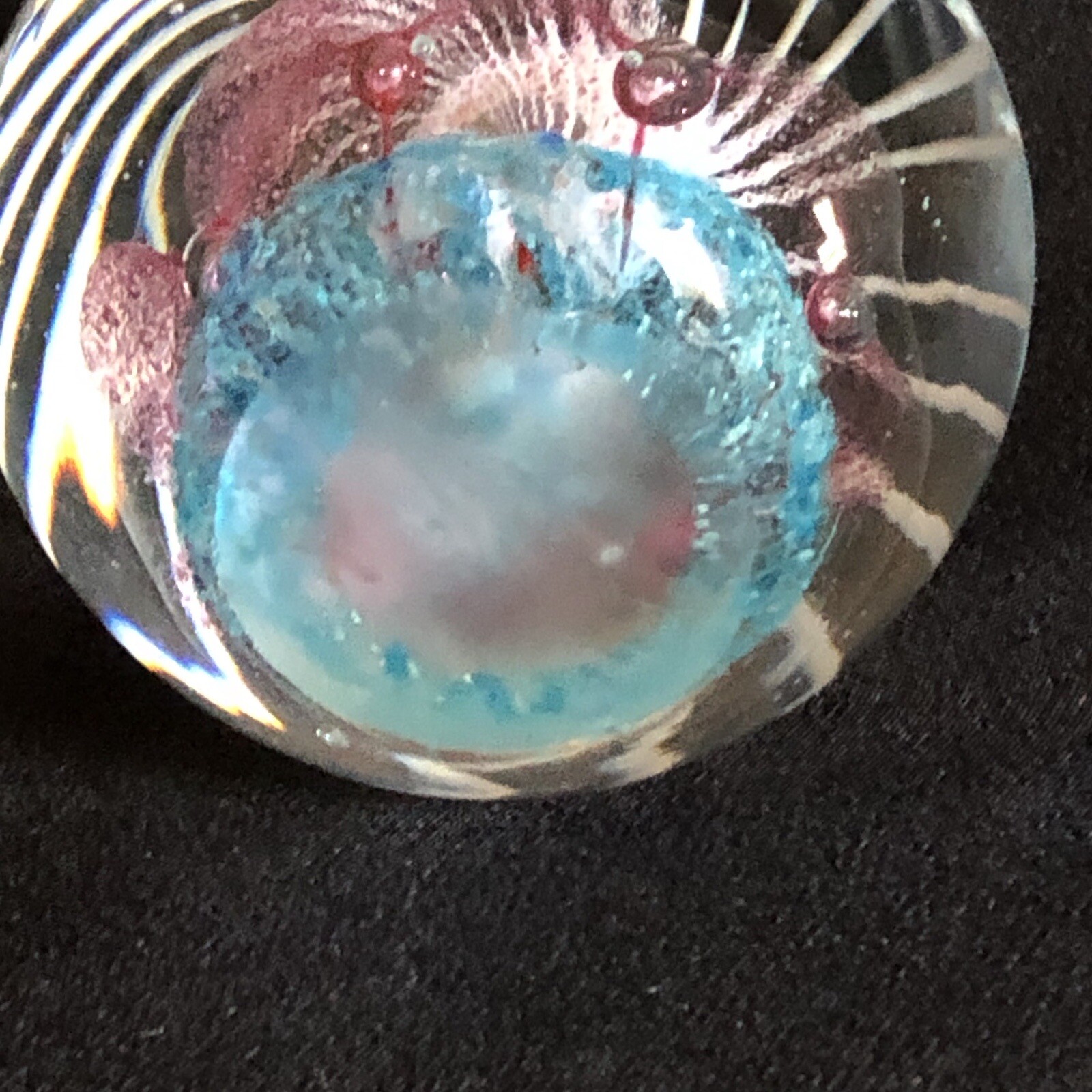 Art Glass Paperweight Controlled Bubbles Fireworks Clear White Pink Turquoise