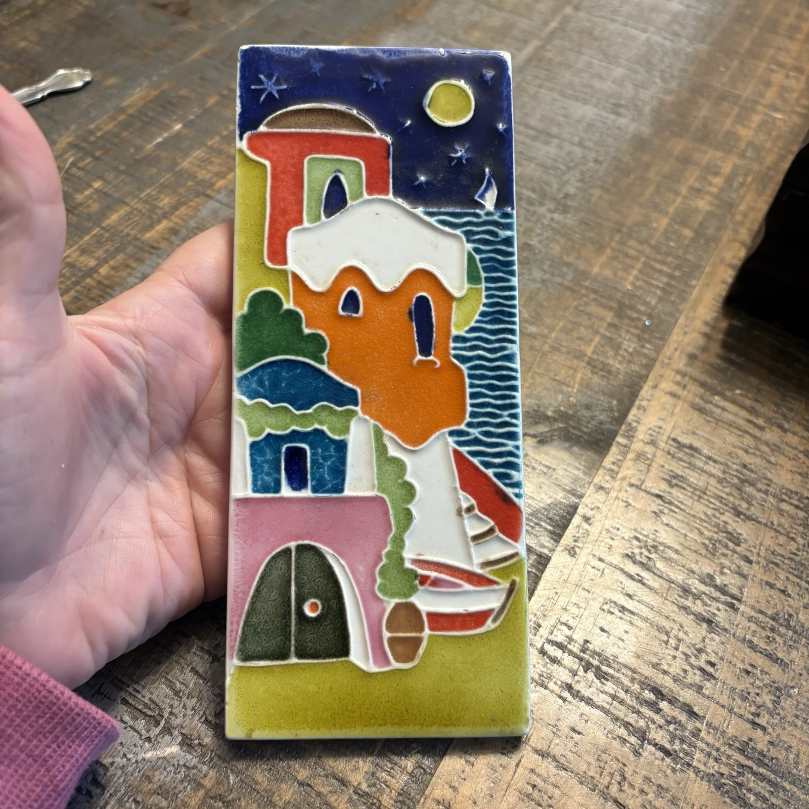 Creations Luciano Italian Tile Seascape Houses Trees Moon Italy