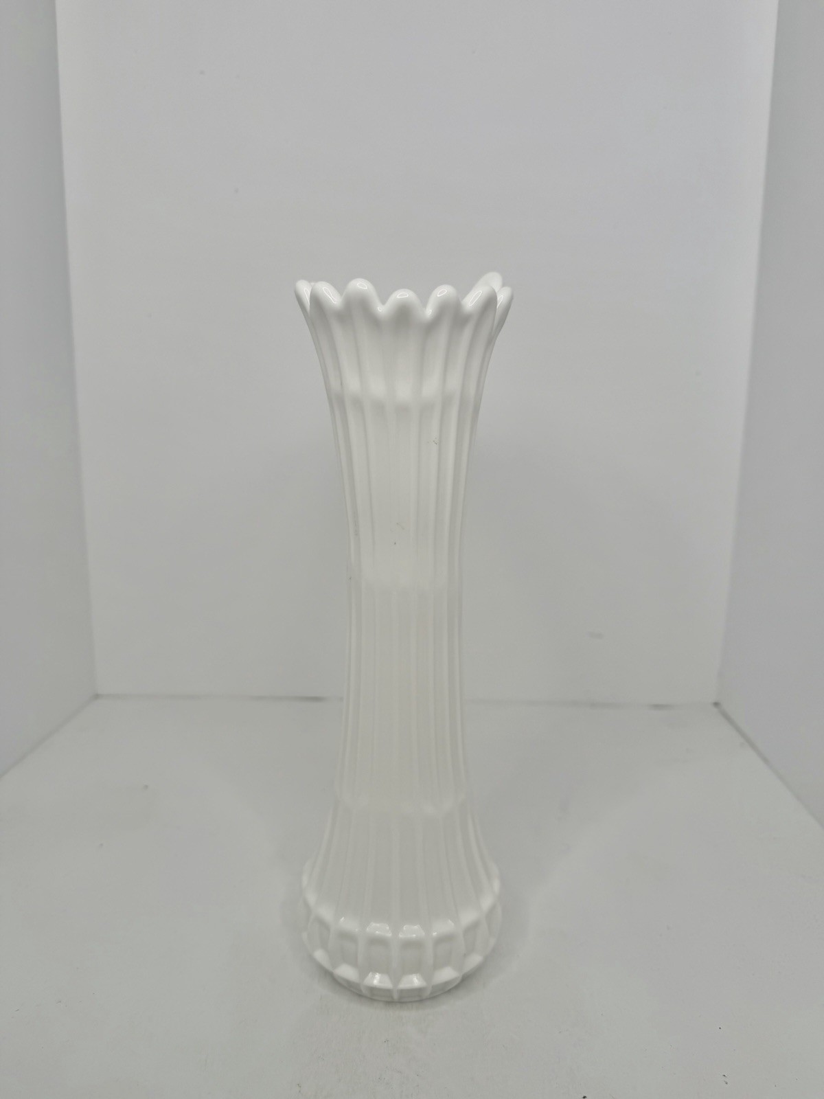 HTF Vintage Fenton Glass Milk Glass Waffle Windowpane Swung Vase 11.75”