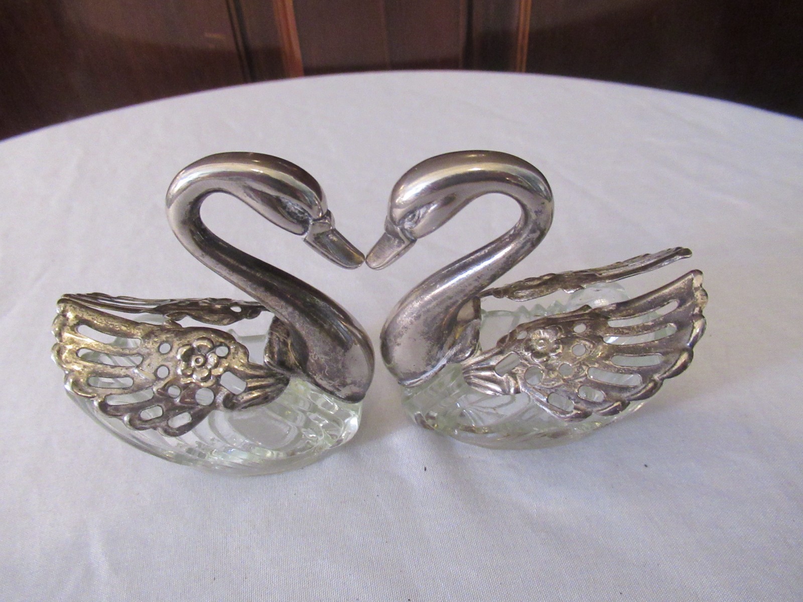 Vintage HONG KONG Silver & Glass Swan SALT & PEPPER HOLDER SET