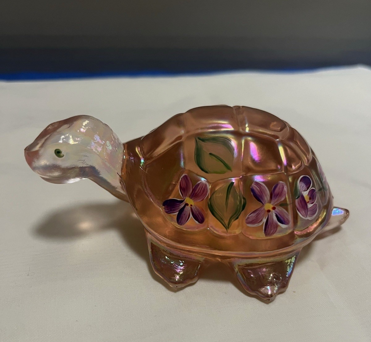 Fenton Lennox Turtle Sunset Iridescent Carnival Glass Figure Hand Painted Signed